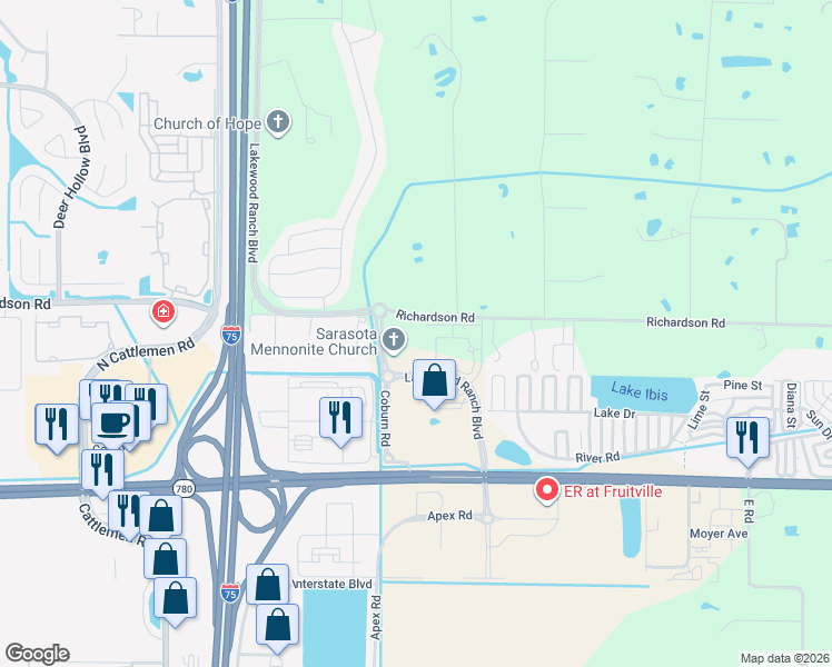 map of restaurants, bars, coffee shops, grocery stores, and more near 6480 Richardson Road in Sarasota