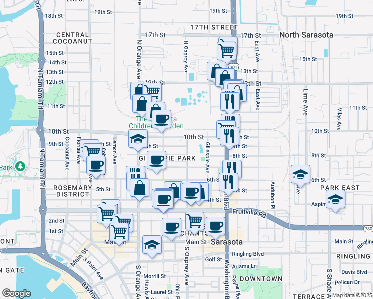 map of restaurants, bars, coffee shops, grocery stores, and more near 817 North Osprey Avenue in Sarasota