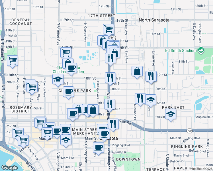 map of restaurants, bars, coffee shops, grocery stores, and more near 889 North Washington Boulevard in Sarasota