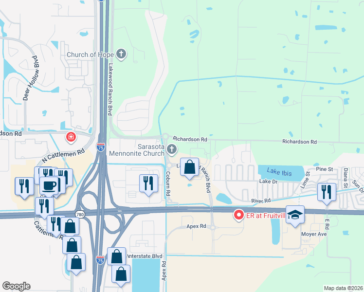 map of restaurants, bars, coffee shops, grocery stores, and more near 6480 Richardson Road in Sarasota