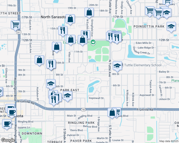 map of restaurants, bars, coffee shops, grocery stores, and more near 2566 10th Street in Sarasota