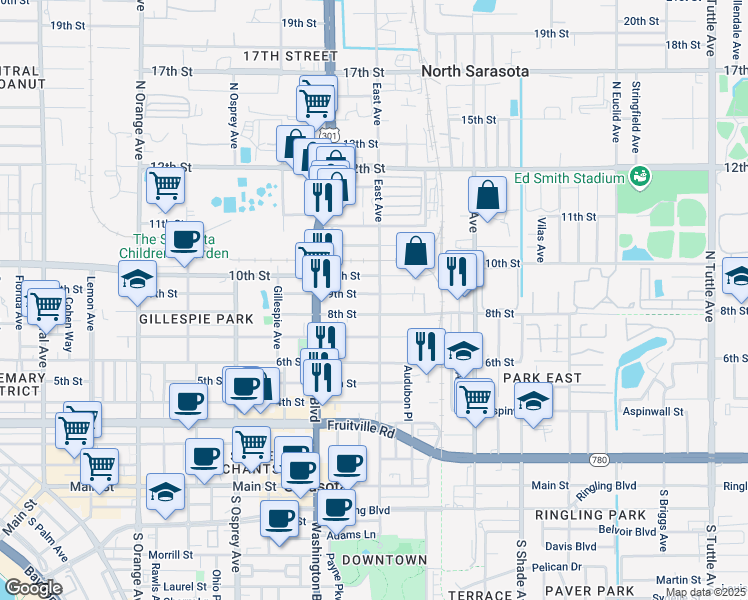 map of restaurants, bars, coffee shops, grocery stores, and more near 825 North East Avenue in Sarasota