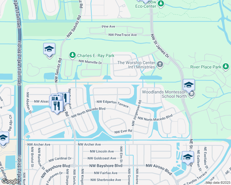 map of restaurants, bars, coffee shops, grocery stores, and more near 5487 Northwest Evanston Avenue in Port St. Lucie