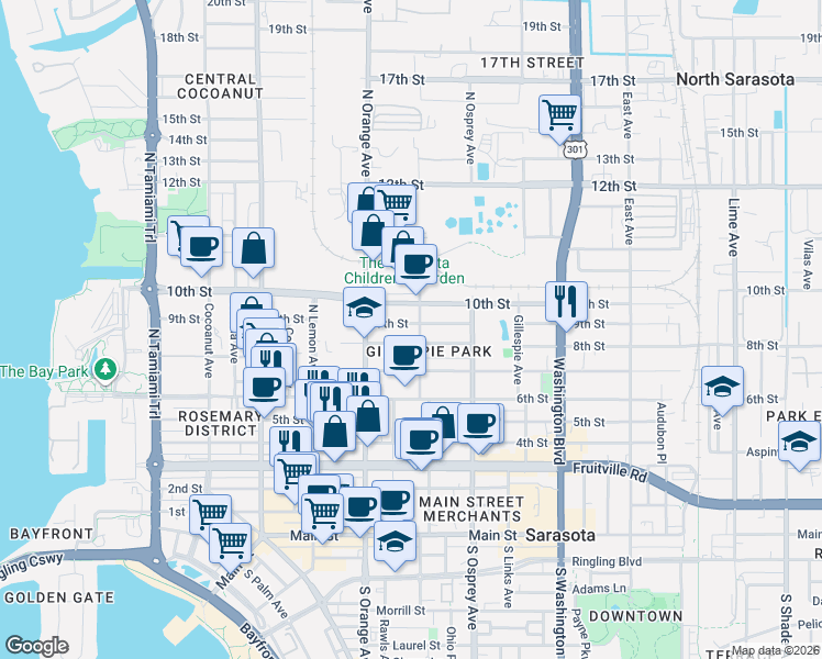map of restaurants, bars, coffee shops, grocery stores, and more near 1656 9th Street in Sarasota
