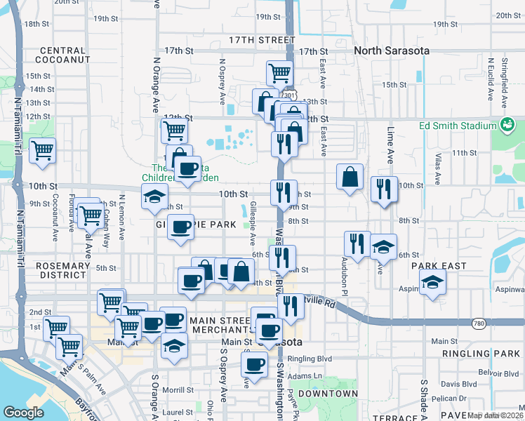 map of restaurants, bars, coffee shops, grocery stores, and more near 889 North Washington Boulevard in Sarasota