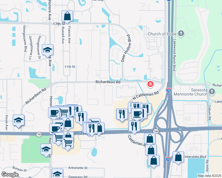 map of restaurants, bars, coffee shops, grocery stores, and more near 973 Molly Circle in Sarasota