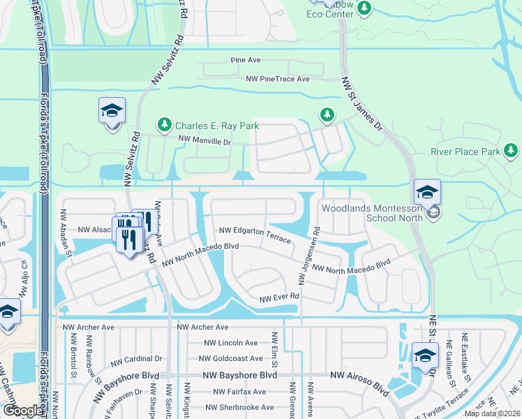map of restaurants, bars, coffee shops, grocery stores, and more near 5487 Northwest Evanston Avenue in Port St. Lucie