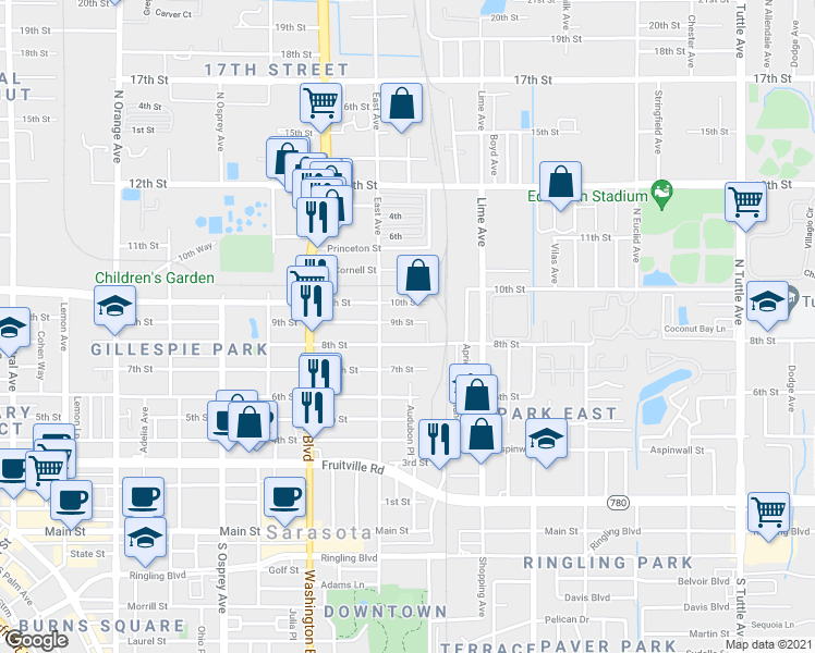 map of restaurants, bars, coffee shops, grocery stores, and more near 2146 9th Street in Sarasota