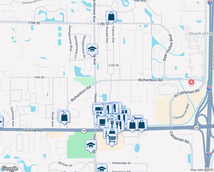map of restaurants, bars, coffee shops, grocery stores, and more near 5377 Sarapointe Court in Sarasota