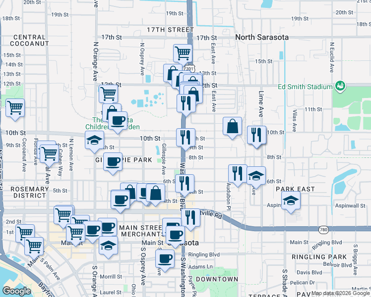 map of restaurants, bars, coffee shops, grocery stores, and more near 889 North Washington Boulevard in Sarasota