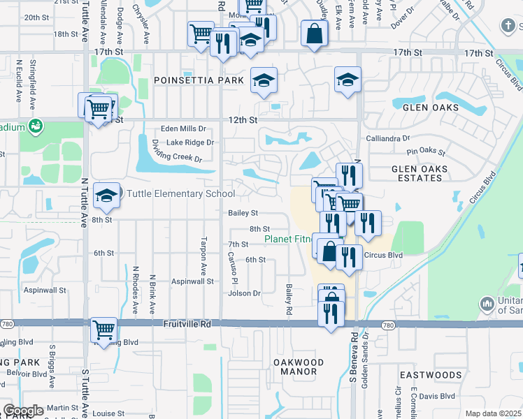 map of restaurants, bars, coffee shops, grocery stores, and more near 3321 Bailey Street in Sarasota