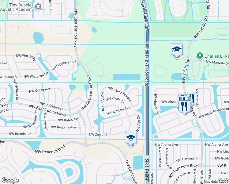 map of restaurants, bars, coffee shops, grocery stores, and more near 5364 Northwest Akbar Terrace in Port St. Lucie
