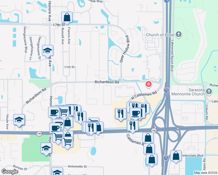 map of restaurants, bars, coffee shops, grocery stores, and more near 973 Molly Circle in Sarasota