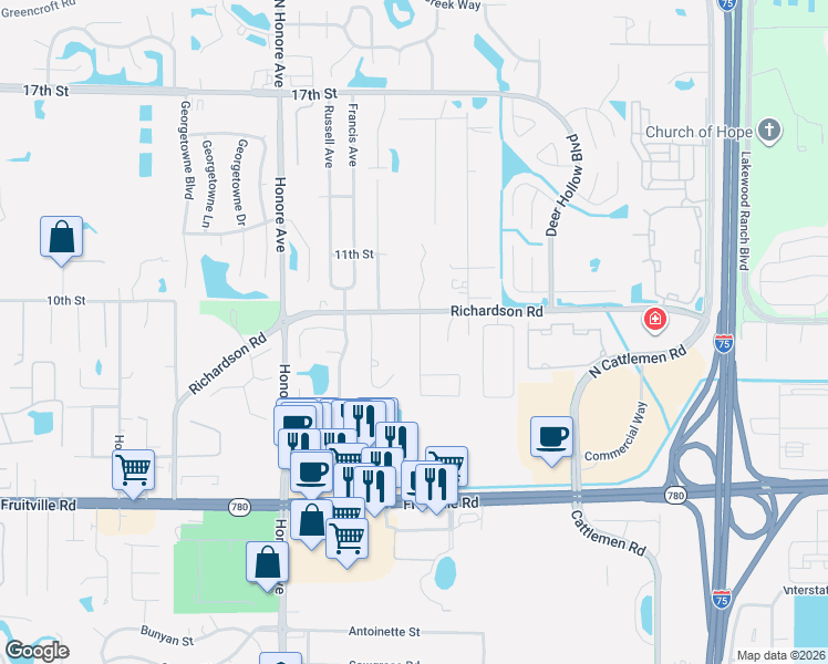 map of restaurants, bars, coffee shops, grocery stores, and more near 5516 Richardson Road in Sarasota
