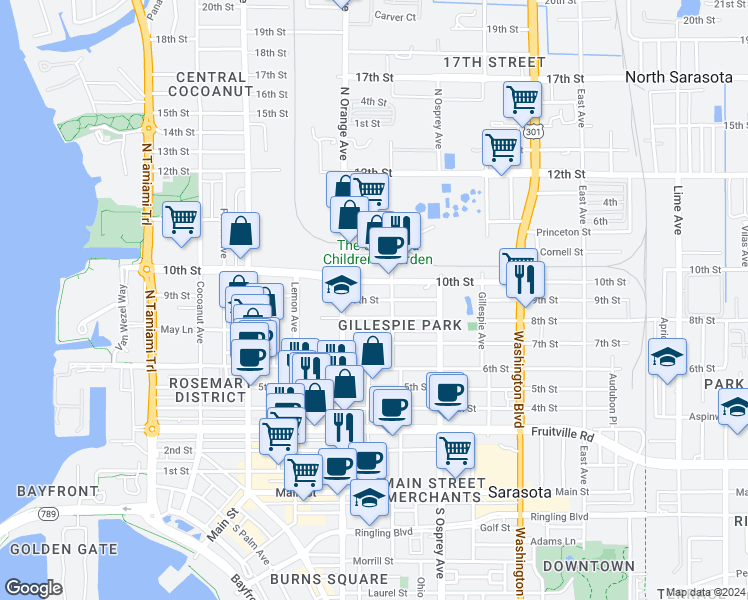 map of restaurants, bars, coffee shops, grocery stores, and more near 1656 9th Street in Sarasota