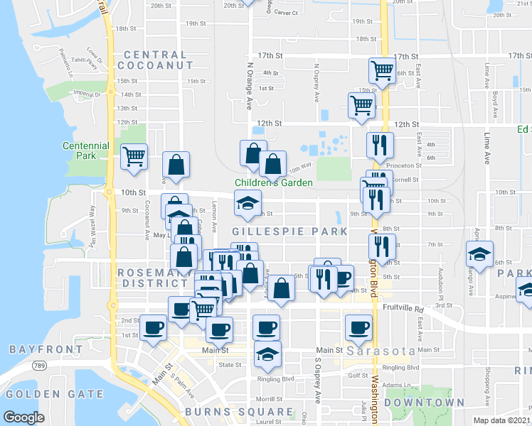 map of restaurants, bars, coffee shops, grocery stores, and more near 1647 9th St in Sarasota