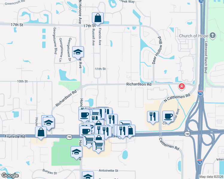 map of restaurants, bars, coffee shops, grocery stores, and more near 5516 Richardson Road in Sarasota