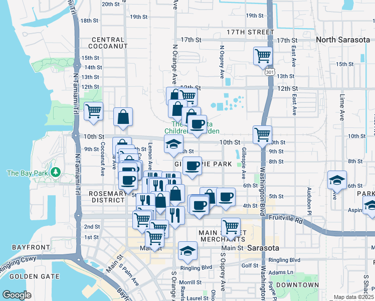 map of restaurants, bars, coffee shops, grocery stores, and more near 1659 9th Street in Sarasota