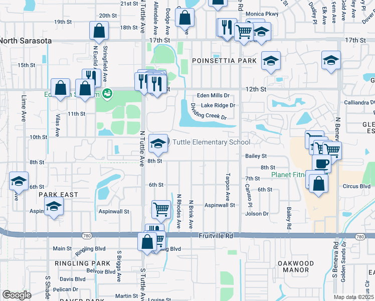 map of restaurants, bars, coffee shops, grocery stores, and more near 925 North Brink Avenue in Sarasota