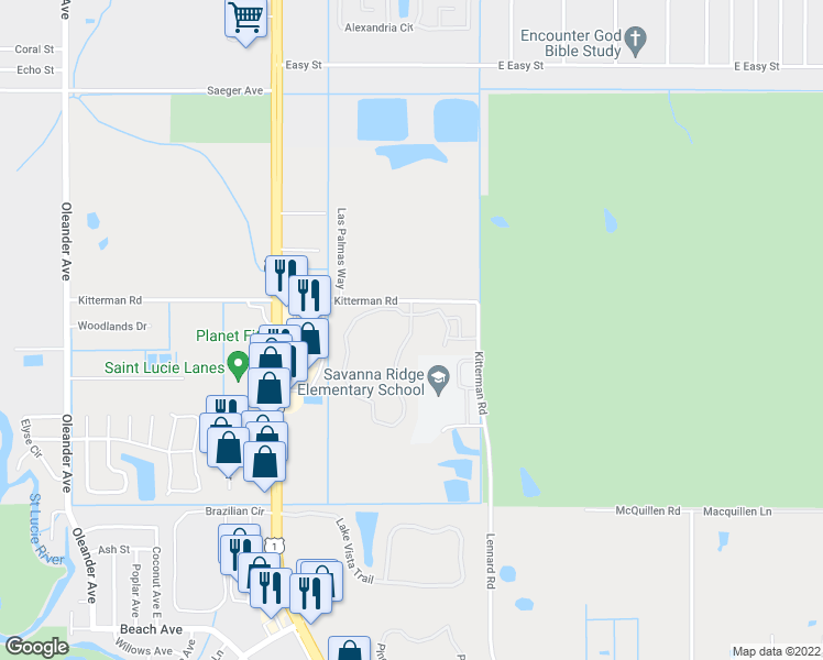 map of restaurants, bars, coffee shops, grocery stores, and more near 6609 Woods Island Circle in Port St. Lucie