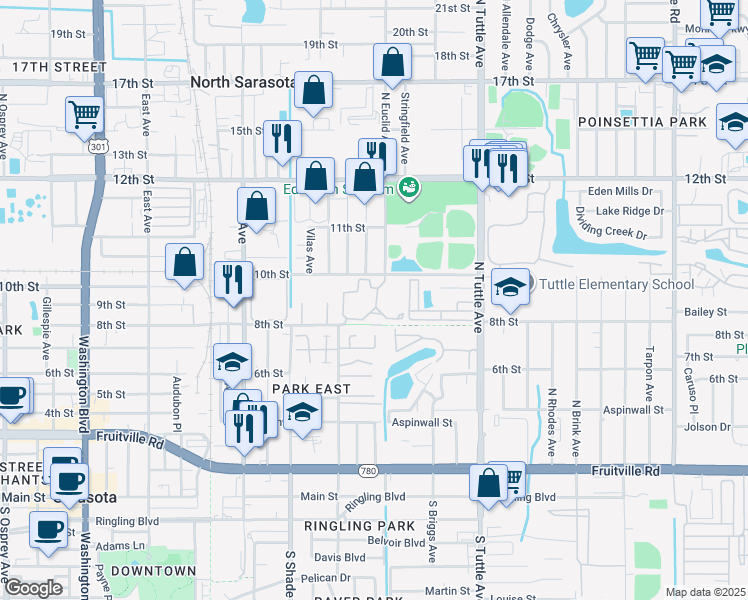 map of restaurants, bars, coffee shops, grocery stores, and more near 2566 10th Street in Sarasota