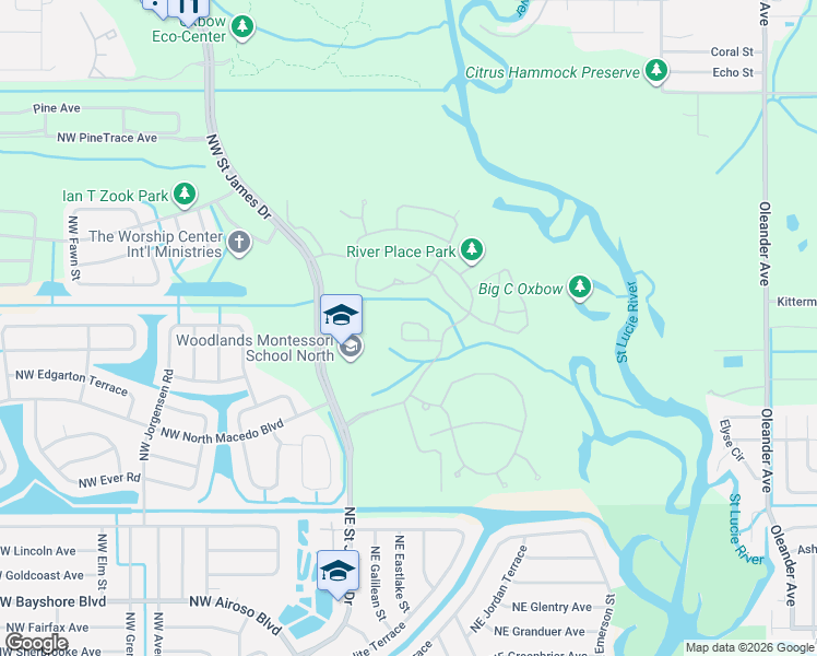 map of restaurants, bars, coffee shops, grocery stores, and more near 629 Northeast Moss Rose Place in Port St. Lucie