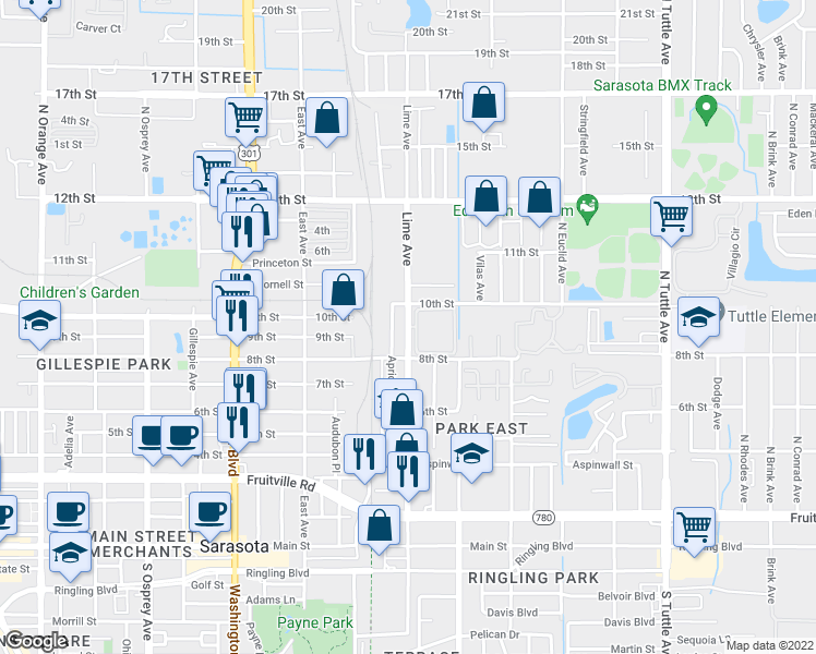 map of restaurants, bars, coffee shops, grocery stores, and more near North Lime Avenue & La Costa Circle in Sarasota