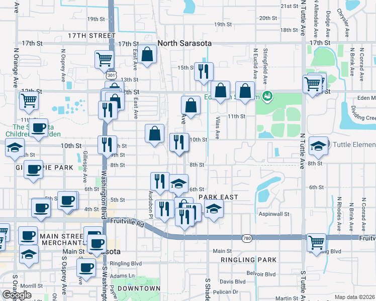 map of restaurants, bars, coffee shops, grocery stores, and more near La Costa Circle in Sarasota
