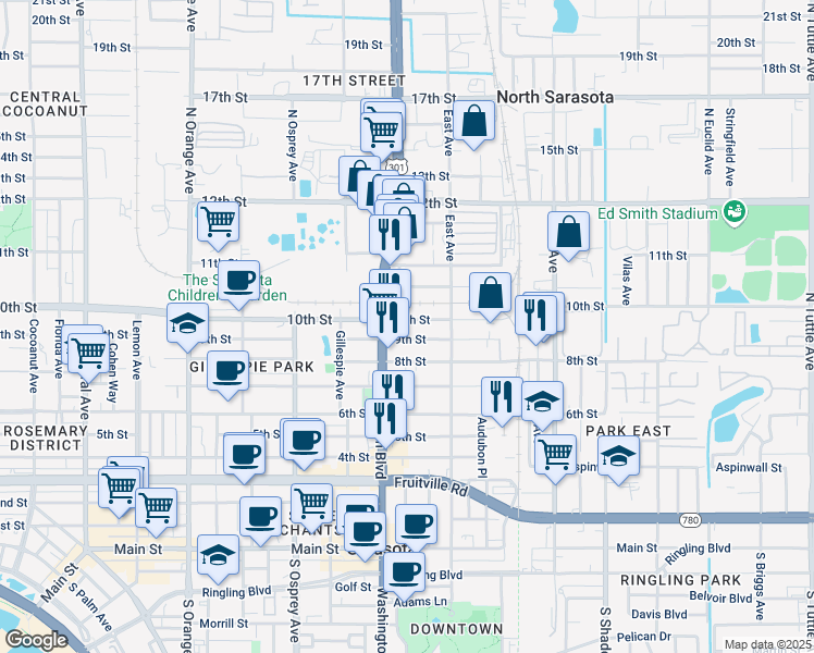 map of restaurants, bars, coffee shops, grocery stores, and more near 2025 10th Street in Sarasota