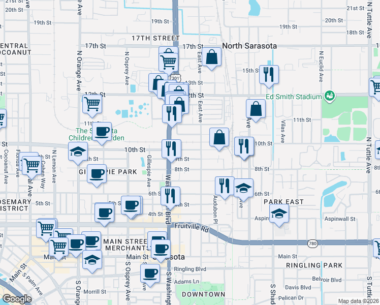 map of restaurants, bars, coffee shops, grocery stores, and more near 1007 Northeast Ave in Sarasota