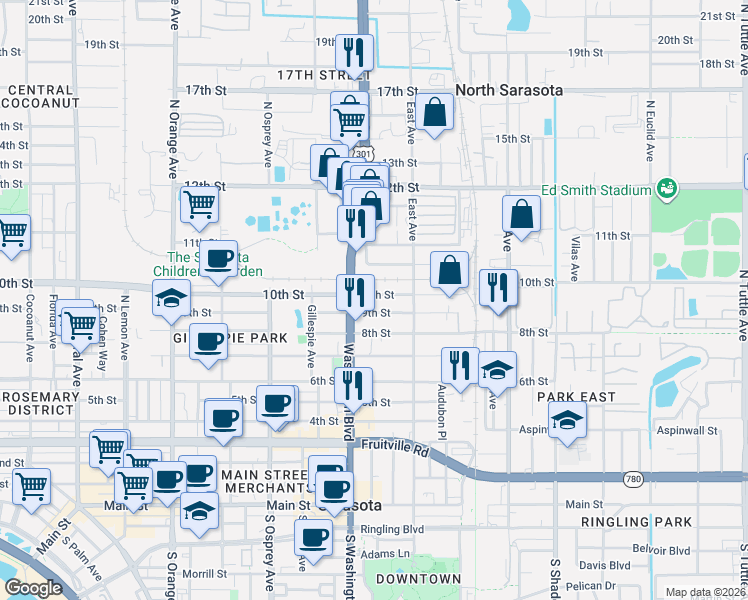 map of restaurants, bars, coffee shops, grocery stores, and more near 2025 10th Street in Sarasota