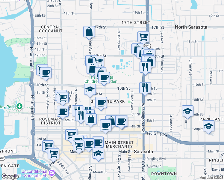 map of restaurants, bars, coffee shops, grocery stores, and more near 1051 Goodrich Avenue in Sarasota