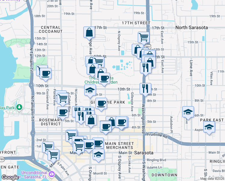 map of restaurants, bars, coffee shops, grocery stores, and more near 1051 Goodrich Avenue in Sarasota