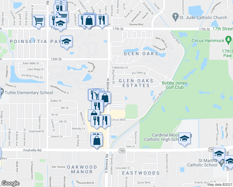 map of restaurants, bars, coffee shops, grocery stores, and more near 3674 Breezemont Drive in Sarasota