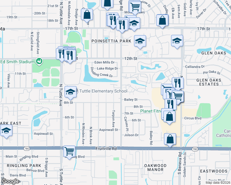 map of restaurants, bars, coffee shops, grocery stores, and more near 939 North Lockwood Ridge Road in Sarasota