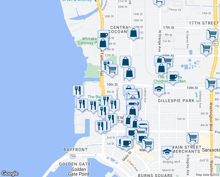 map of restaurants, bars, coffee shops, grocery stores, and more near 1012 North Tamiami Trail in Sarasota