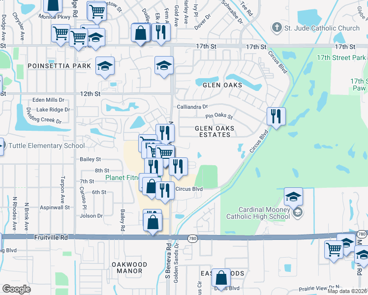 map of restaurants, bars, coffee shops, grocery stores, and more near 3674 Breezemont Drive in Sarasota