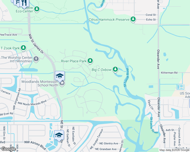 map of restaurants, bars, coffee shops, grocery stores, and more near 667 Northeast Waters Edge Lane in Port St. Lucie