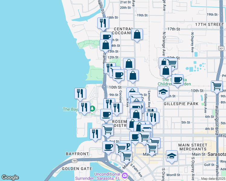 map of restaurants, bars, coffee shops, grocery stores, and more near 1012 North Tamiami Trail in Sarasota