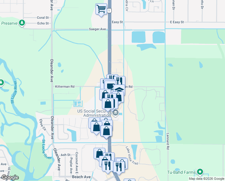 map of restaurants, bars, coffee shops, grocery stores, and more near 6630 Florida 5 in Port St. Lucie