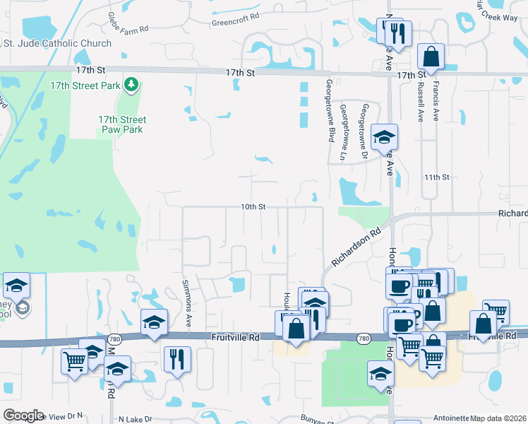 map of restaurants, bars, coffee shops, grocery stores, and more near 4825 10th Street in Sarasota
