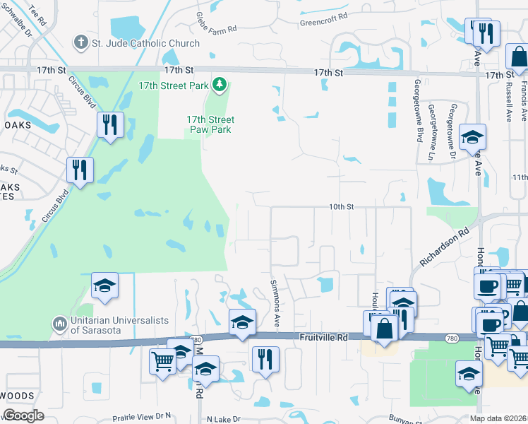 map of restaurants, bars, coffee shops, grocery stores, and more near 4554 Basket Oak Lane in Sarasota