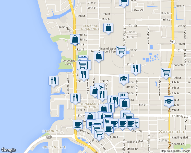 map of restaurants, bars, coffee shops, grocery stores, and more near 1340 10th St in Sarasota