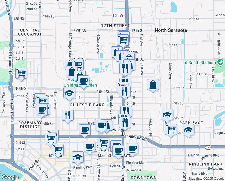 map of restaurants, bars, coffee shops, grocery stores, and more near 1020 Gillespie Avenue in Sarasota