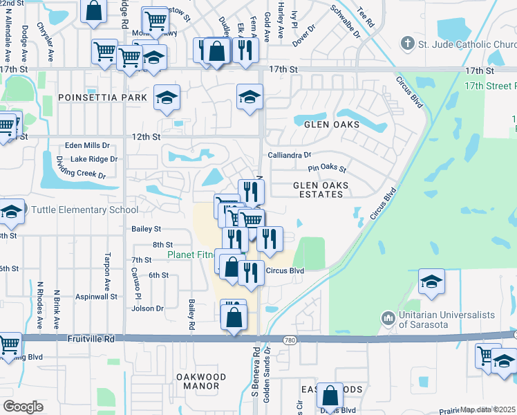 map of restaurants, bars, coffee shops, grocery stores, and more near 1001 Big Pine Road in Sarasota
