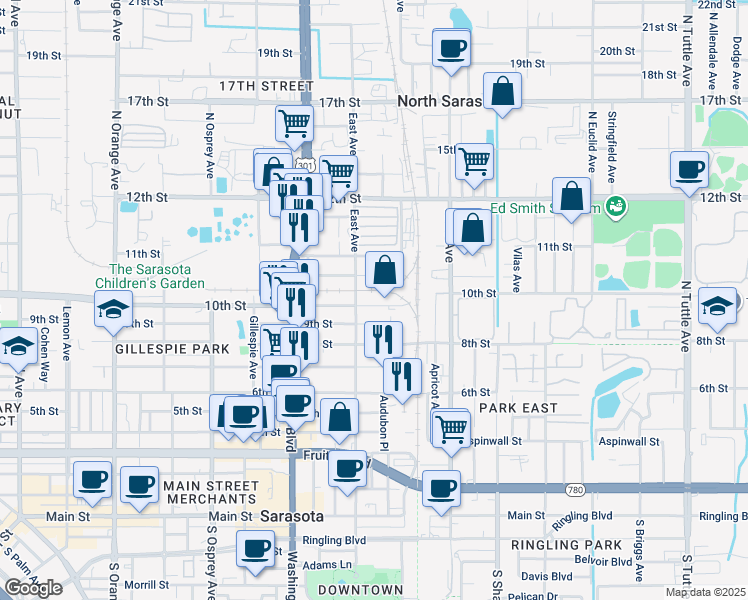 map of restaurants, bars, coffee shops, grocery stores, and more near 2153 10th Street in Sarasota