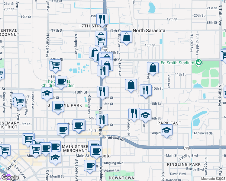 map of restaurants, bars, coffee shops, grocery stores, and more near 2025 10th Street in Sarasota