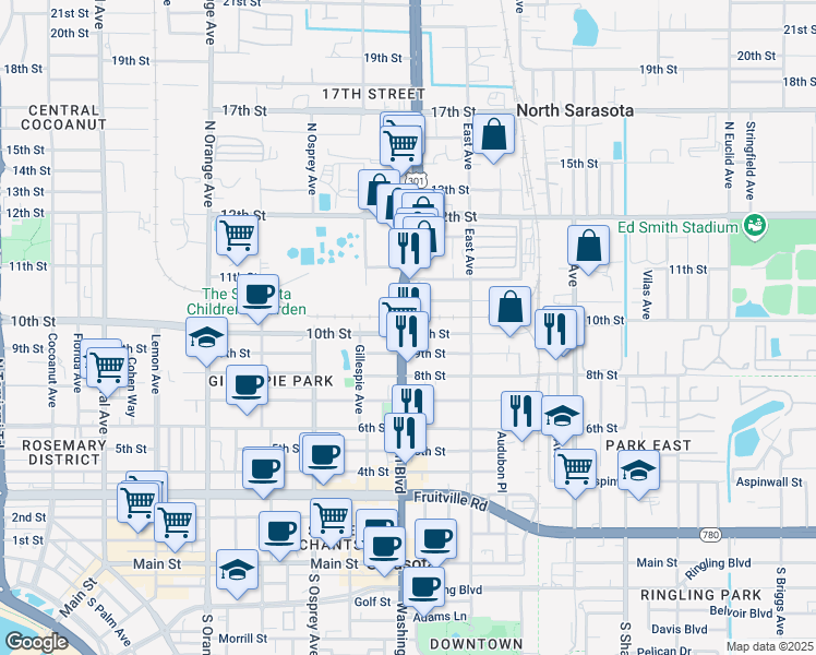 map of restaurants, bars, coffee shops, grocery stores, and more near 2025 10th Street in Sarasota