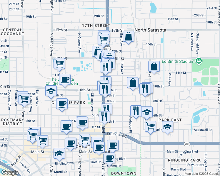 map of restaurants, bars, coffee shops, grocery stores, and more near 2025 10th Street in Sarasota