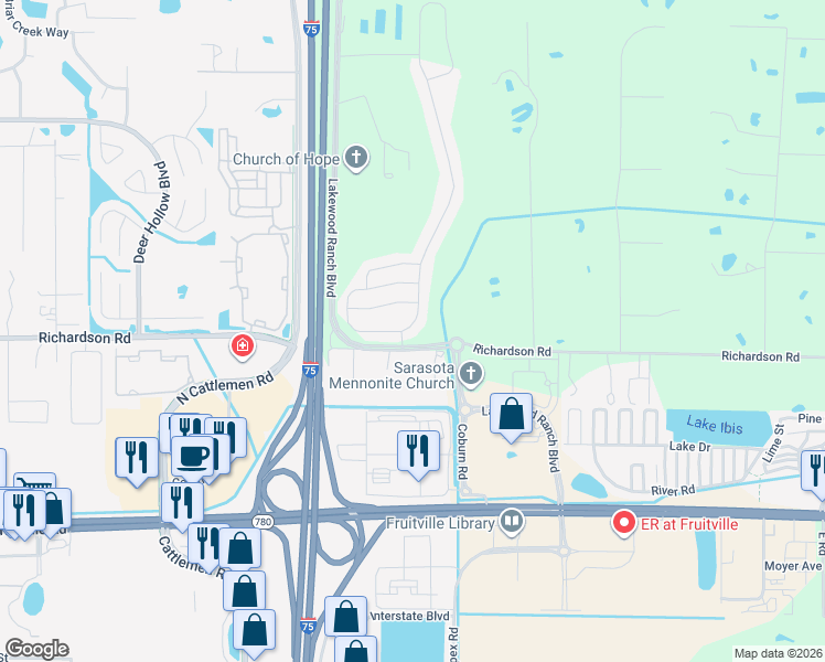 map of restaurants, bars, coffee shops, grocery stores, and more near 2540 Midnight Pearl Drive in Sarasota